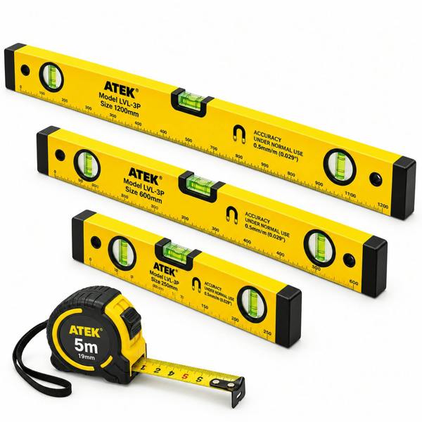 ATEK 3 Piece Magnetic Spirit Level Set 250mm 600mm 1200mm with 5m Tape Measure