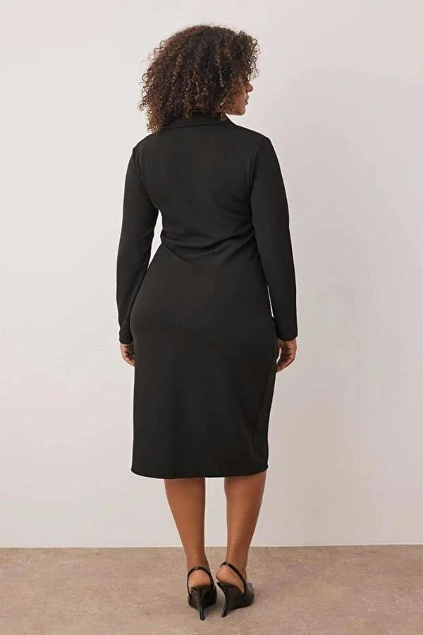 WOVCOR Shirt Collar Gathered Detail Crepe Knit Plus Size Dress