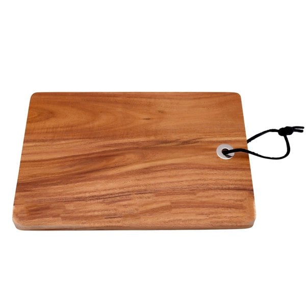 A rectangular acacia wood cheese board with a rich grain and a small hole with a hanging loop.