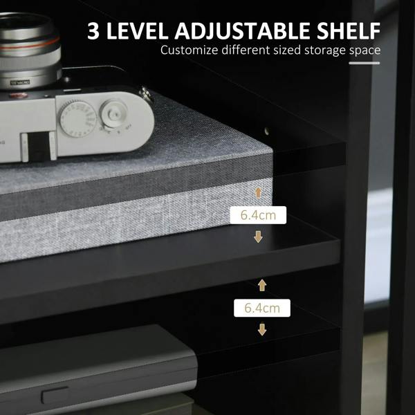 Black printer stand interior shelf area with adjustable multi-level storage