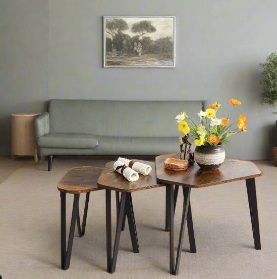 Modcraft Set of 3 Rustic Brown Nesting Coffee Tables with Steel Frames - Industrial Style
