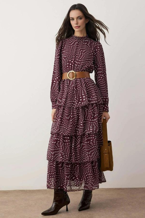 WOVCOR Stand Collar Patterned Lined Chiffon Woven Dress with Belt