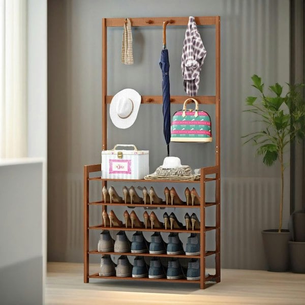 Rafaelo Mobilia Bamboo Clothes Rack With 12 Hooks & 5 Tier Shoe Storage