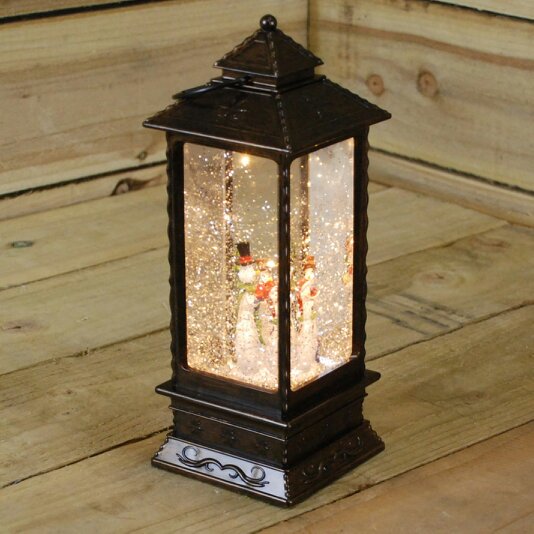 Samuel Alexander 27cm Dual Power LED Christmas Glitter Water Spinner Rustic Lantern Snowman Scene