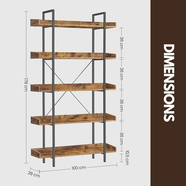 Rafaelo Mobilia Industrial 5 Tier Rustic Brown Bookcase