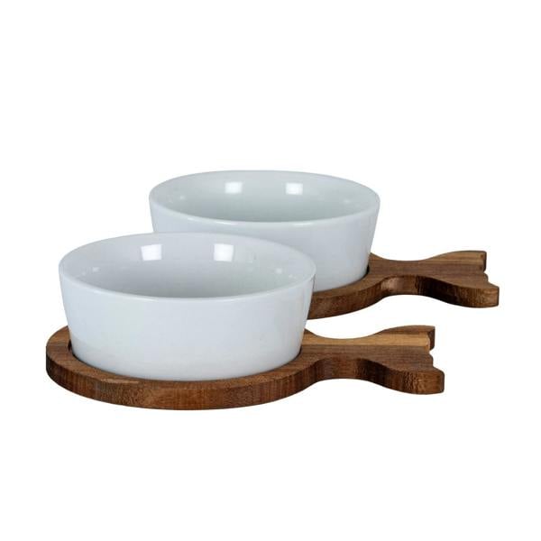Set Of 2 Acacia Fishtail Serving Trays with Ceramic Bowls
