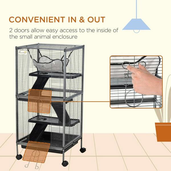 Silver small animal cage with two front doors for easy access, plus hammock and platforms