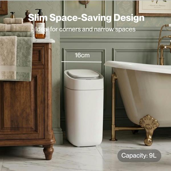 Toque Smart Trash Bin Slim Sensor Bathroom Bin With Lid Silent Open Close White
