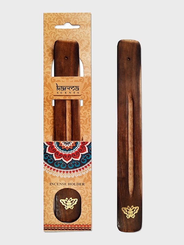 Namaste Karma Scents Brass Inlay Mango Wood Incense Ash Catcher Holder - Butterfly