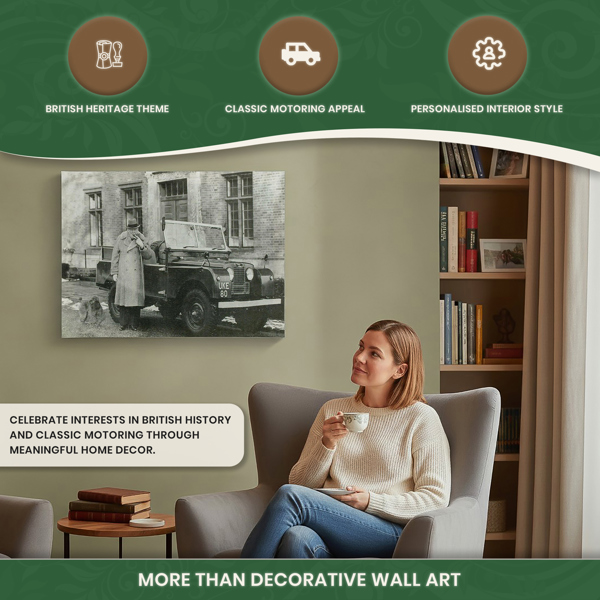 Churchill with Series 1 Land Rover Canvas Print (c.1954), Black and White Wall Art on Wooden Frame, Indoor Use Only