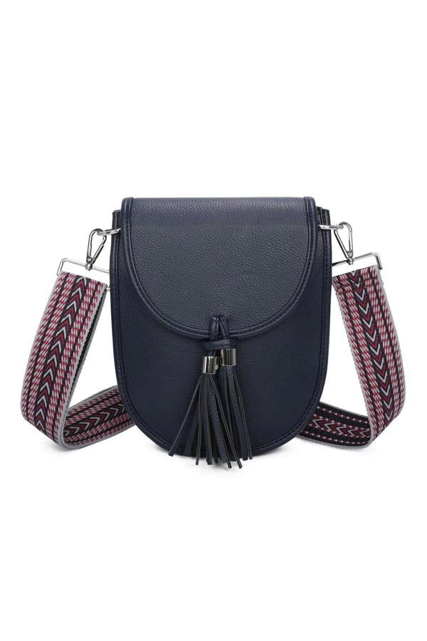 Zemira Flap Over Crossbody Bag With Tassel And Printed Strap - D.blue