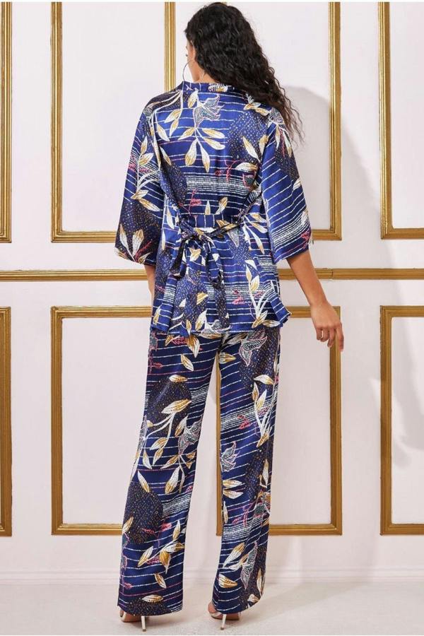 Printed Satin Wide Leg Trouser - Navy TR368