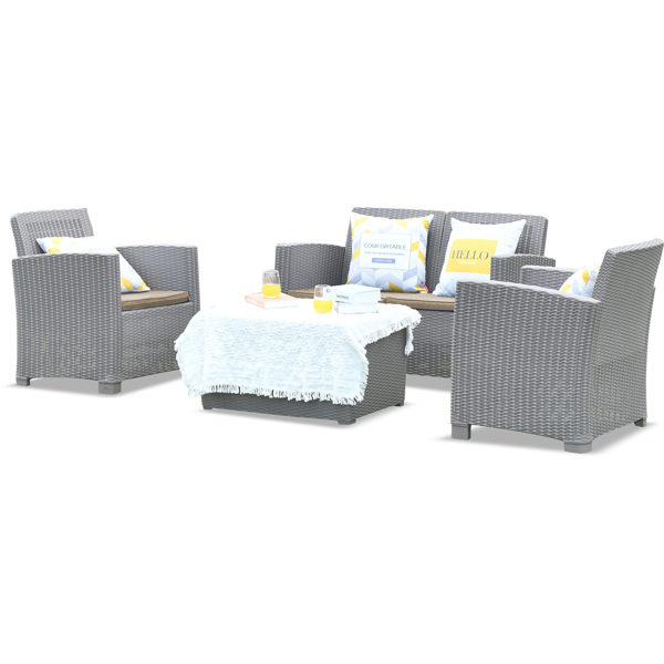Centurion Supports SANTANA 4 Piece PE Rattan 4-Seater with Cushions Garden Furniture and Coffee Table Set in Grey