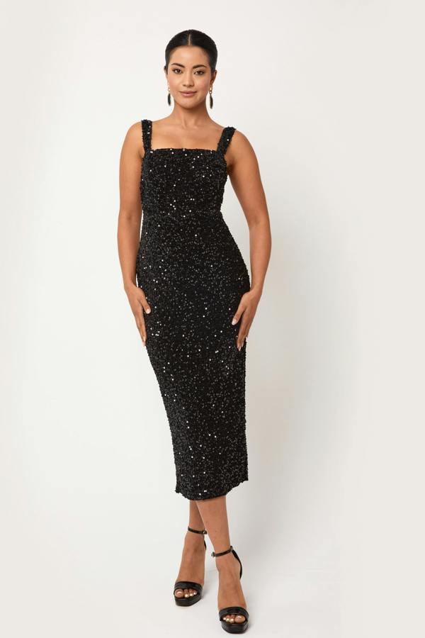 LuvForever Elis - Black Sequin Midi Dress