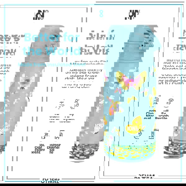 A light-blue insulated steel water bottle, featuring a butterfly design, sits against a white background. It is described as carbon neutral, fully recyclable, odour resistant, and dishwasher safe.