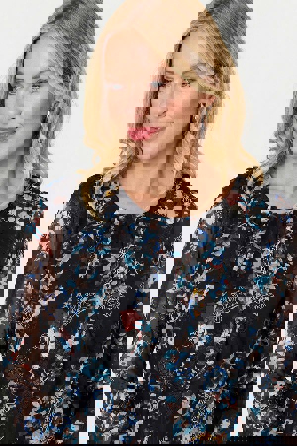 Blue | Floral Semi Sheer Long Sleeve Blouse
