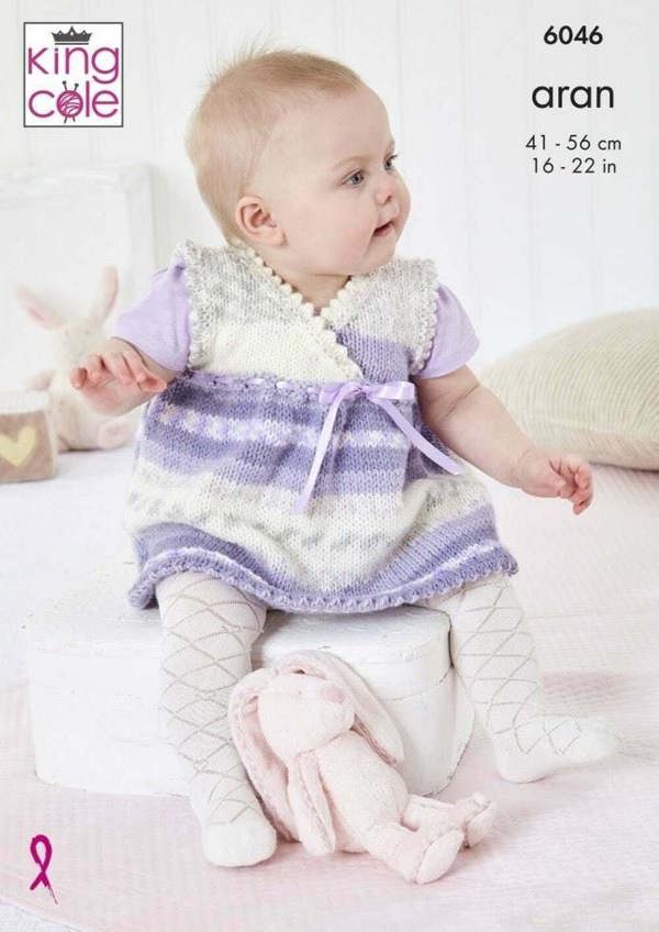King Cole Cosy Love Aran Knitting Pattern 6046, Pinafores, Dresses, Socks, Headwear for Baby, 16 - 22 Inches