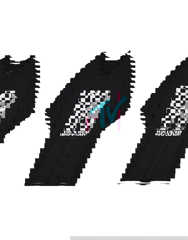 MTV Womens Black Checkerboard Logo Cropped Short Sleeved T-Shirt