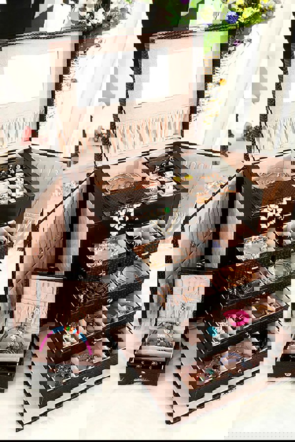 Living and Home Large Black Multi Tier Faux Leather Storage Box with Handle