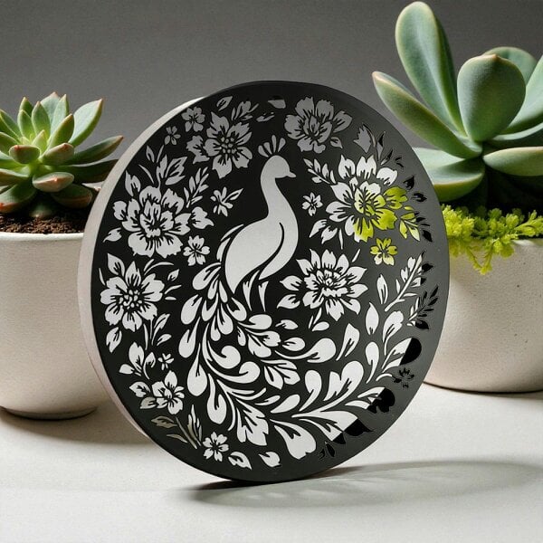 EDH Door Hardware Round Solar Wall Panel with Peacock Outdoor Metal Wall Art with LED Light Weatherproof Garden & Patio Décor | Circular Peacock Panel