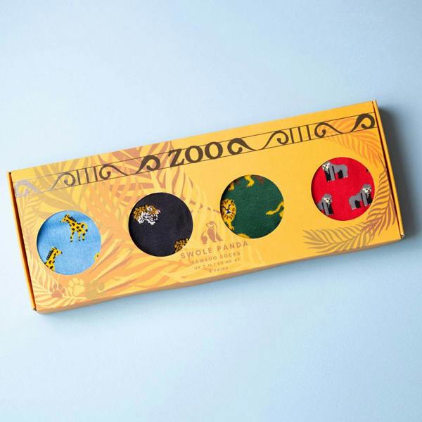 SWOLE PANDA 4-Pack Zoo Animals Bamboo Socks Gift Box, Red/Green/Blue/Navy
