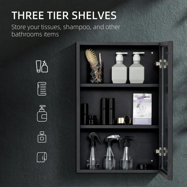 Black bathroom mirror cabinet with open door and three interior storage shelves