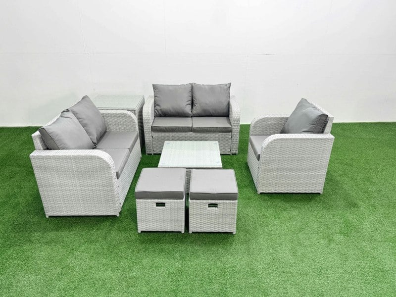 Fimous High Back Rattan Garden Furniture Set with Reclining Chair, Loveseat Sofa, Square Coffee Table, 2 Stools, Side Table - Light Grey