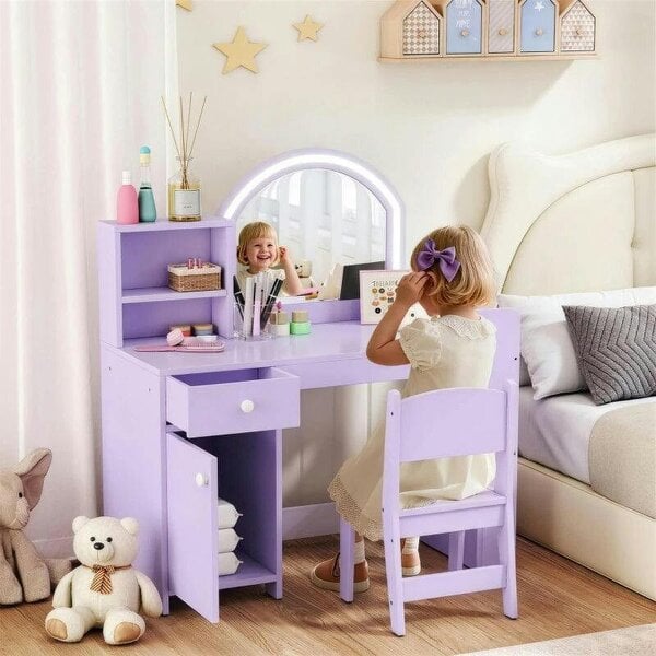 Kids Vanity Table and Chair Set, Kids Vanity Table with 2-Colour LED Mirror, Stool, Cabinet, Drawer, Shelves, Purple
