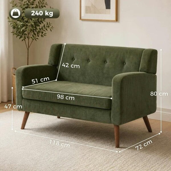 2 Seater Sofa, 118 cm Corduroy Small Loveseat with Spring Cushion, Wood Legs for Small Space, Living Room, Dark Green