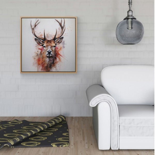 Warren Reed Watercolour Splash Art Stag Face Framed Canvas