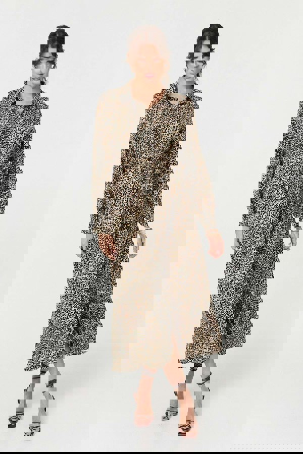 Green | Animal Print Tie Waist Midi Shirt Dress
