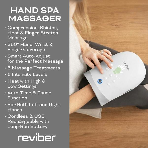 A person using the Reviber Hand Spa Massager with Heat & Finger Stretch on a wooden floor. The text highlights features such as soothing heat, shiatsu massage, 6 intensity levels, cordless operation, and ambidextrous design for both left and right hands. The Reviber logo is displayed.