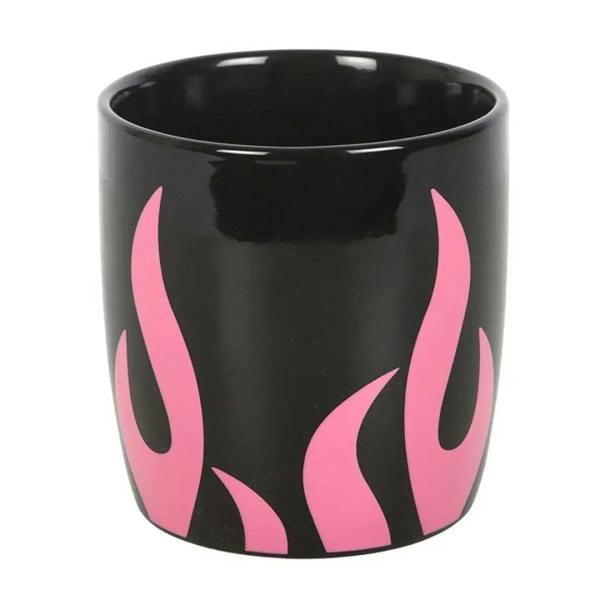 Black mug with pink flame graphic pattern across the front