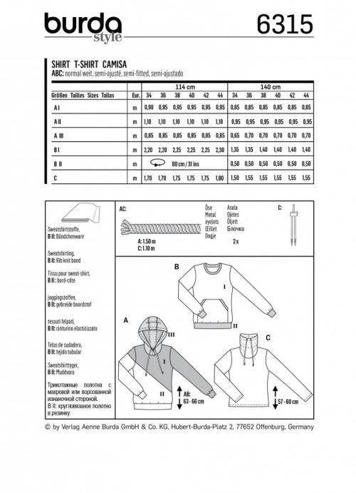 Burda Sewing Pattern 6315 Tops, Hoodies and Sweaters For Women, 8 to 18 - Easy