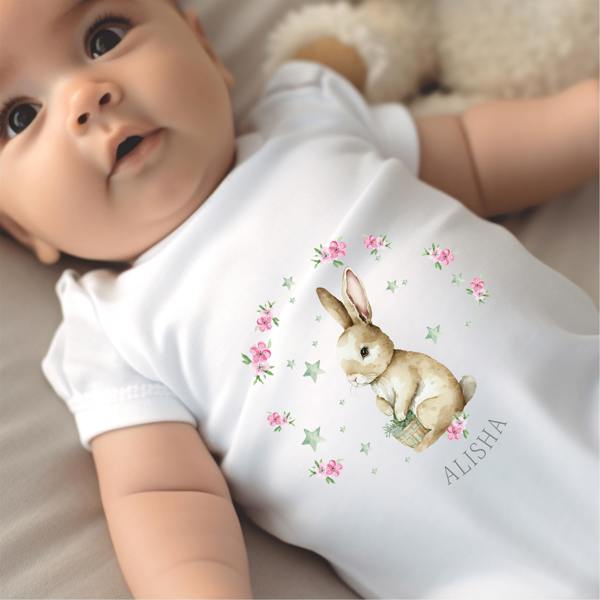 Personalised Bunny Flowers Baby Grow, Vest or Bib with Name