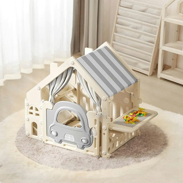 Kids Plastic Playhouse with Built-in Storage Rack and Building Block Table Living and Home