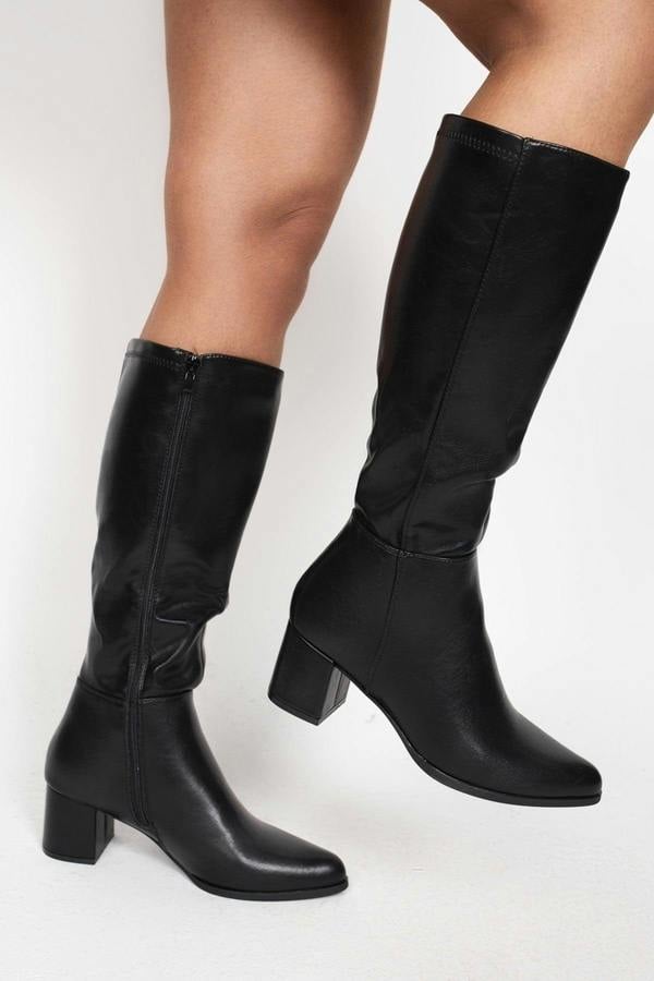 Ardina Suede Knee High Block Heel Boots - Black Pu