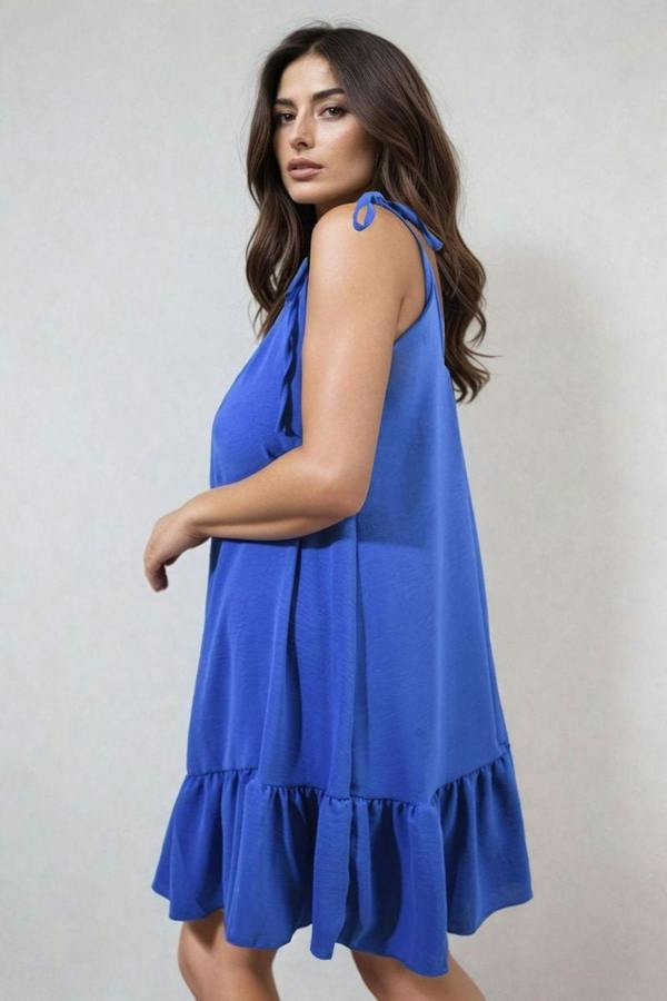 Faye Backless Tie-up Spaghetti Strap Frill Hem Mini Dress - Royal