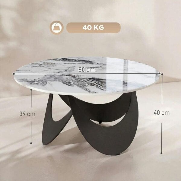 Coffee Table Sintered Stone Top Adjustable Foot Pads Modern Centre Table for Living Room White and Black