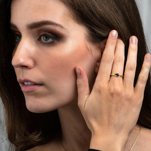Adjustable Gold Plated Pear Shaped Blue Ring for Women - namana.london