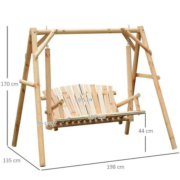 2 Seater Wooden Garden Swing Chair, Larch Wood Porch Swing Seat Bench Lounger for Outdoor Patio Garden, 300kg Capacity
