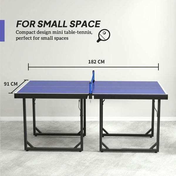Compact mini table tennis table with blue top and center net on black legs