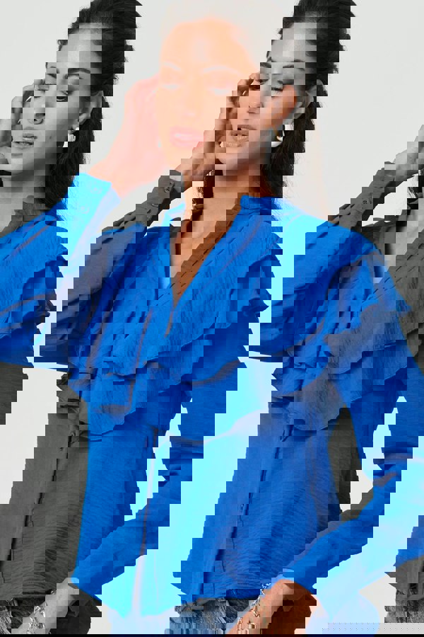 Blue | Ruffled Detail Long Sleeve V-Neck Blouse
