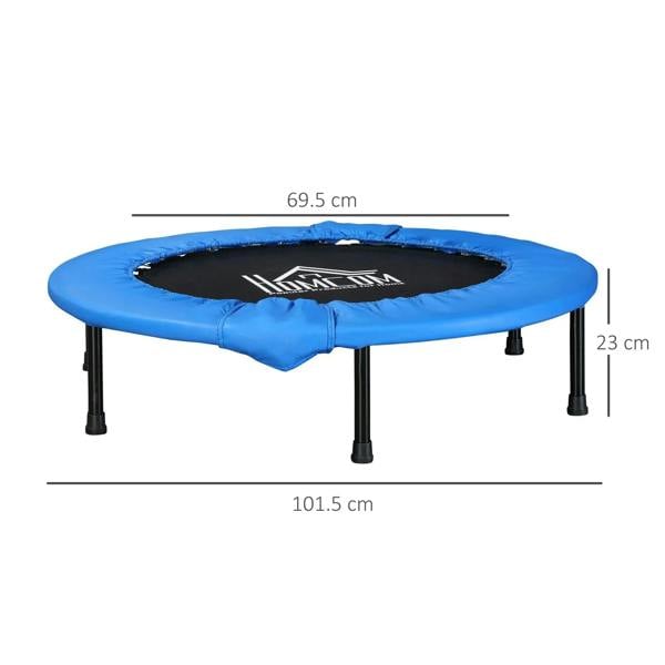 Blue round mini trampoline with black center mat and padded safety pad, four legs