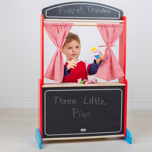 Tidlo Wooden Puppet Theatre Including Red Gingham Curtains And A Chalkboard