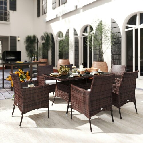 Wyld Haus Dine Rattan Brown 6 Seater Outdoor Dining Set With Cushioned Armchairs And Rectangular Glass Table