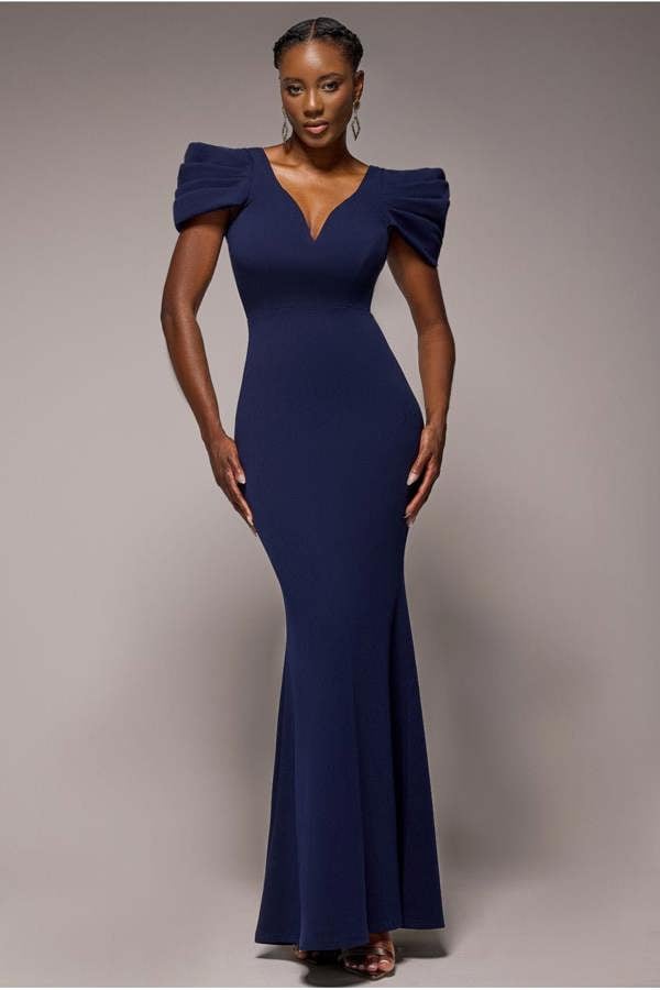 Plunging Neck Pleated Sleeves Scuba Maxi Dress - Navy Blue DR4820