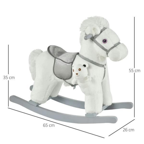 White plush rocking horse with gray saddle and rocker base, side view with size markers