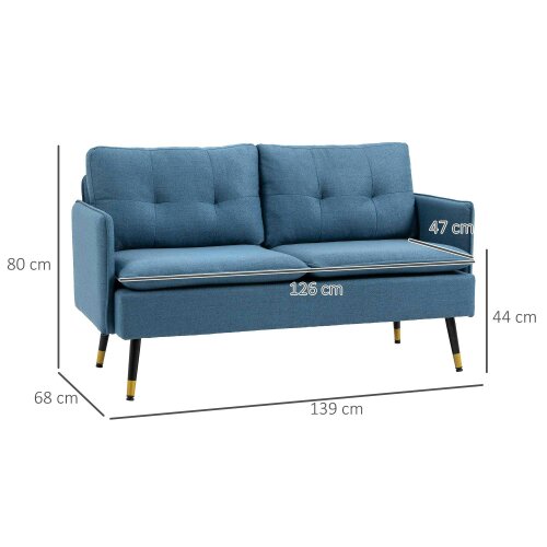 Wyld Haus Mado Fabric Dark Blue Button Tufted 2 Seater Sofa With Cushions And Steel Legs