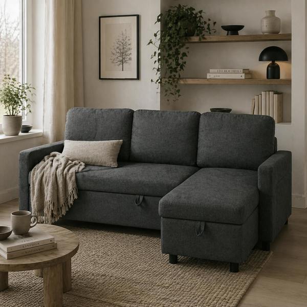 Wyld Haus Sesune Yoli Charcoal Grey Upholstered Pull Out Sofa Bed With Storage and Side Pockets